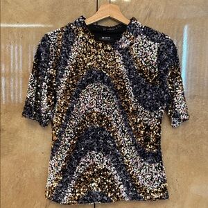MAEVE by Anthropologie Black and Gold Sequin Short Sleeve Top